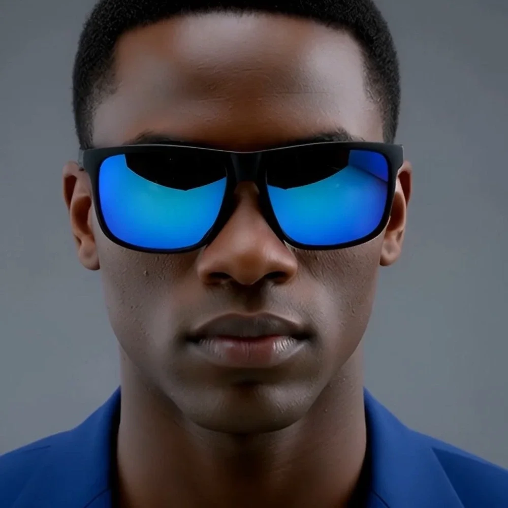 Men's Black Rectangular Sunglasses Blue Mirrored‎ Lenses PC Frame Lentes Gafas